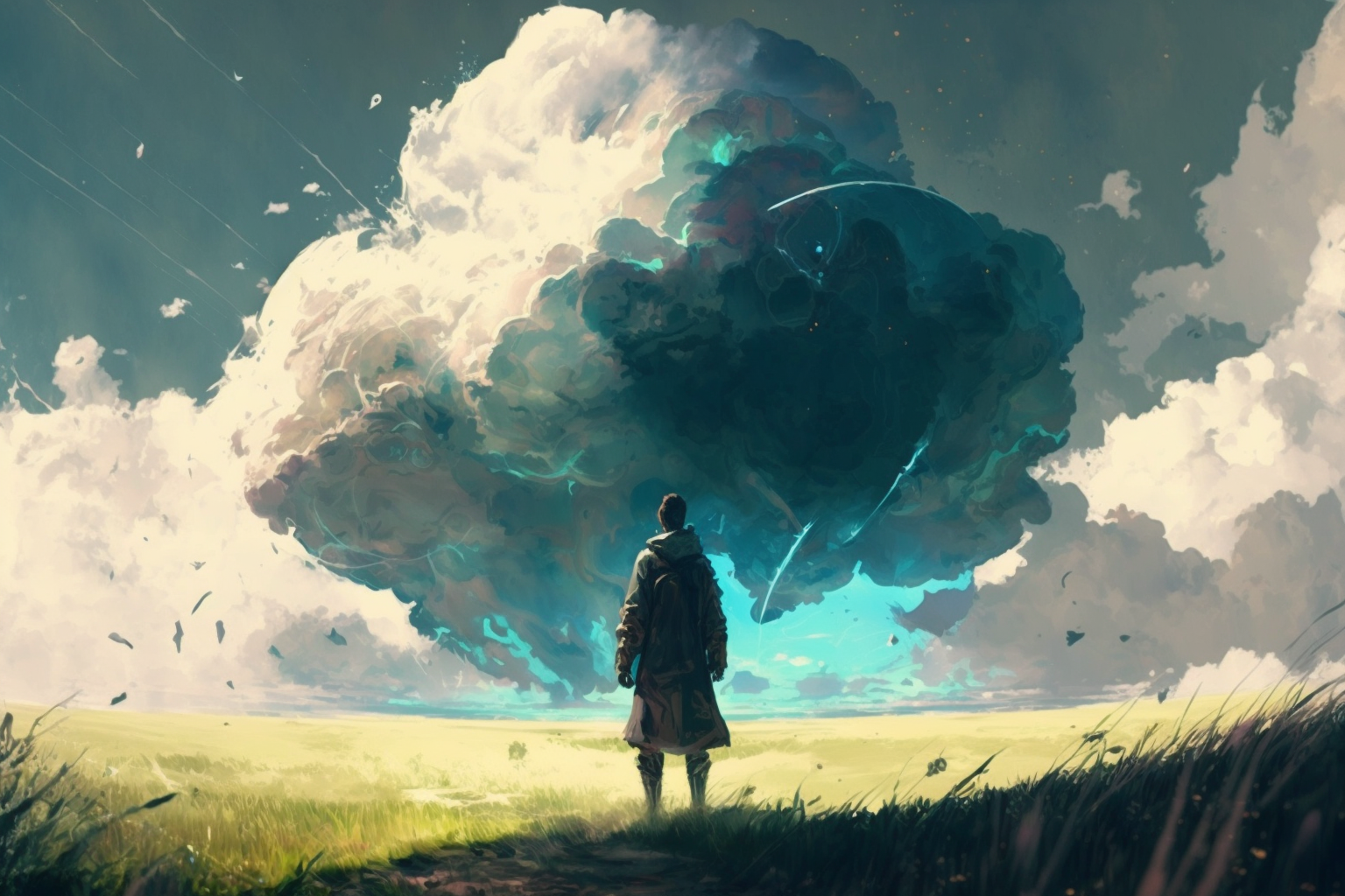 man standing in meadow looking up at god creating clouds