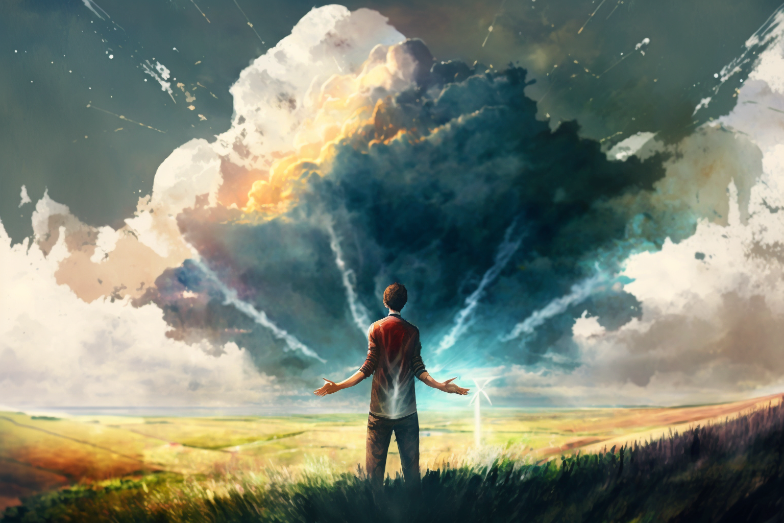 man standing in meadow looking up at god creating clouds