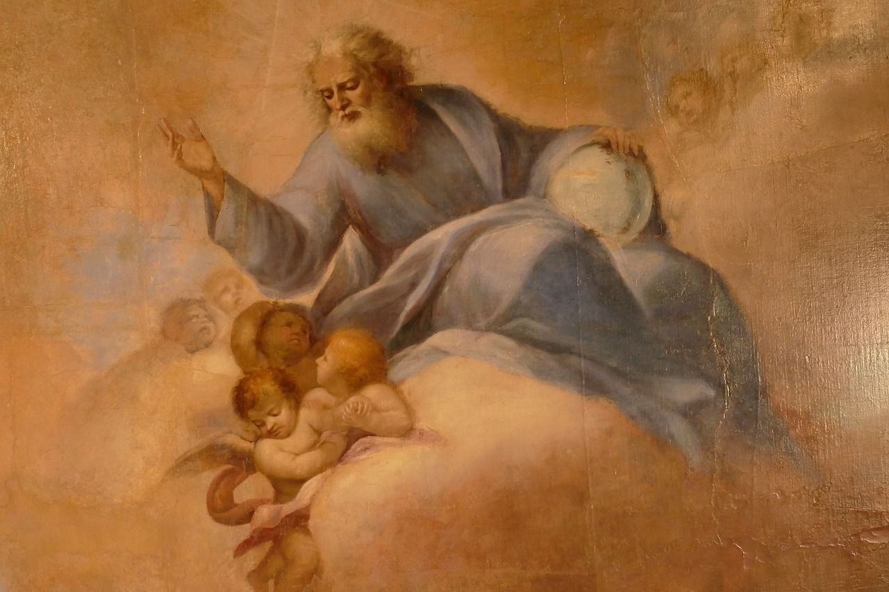 fresco of deity on a cloud with angels