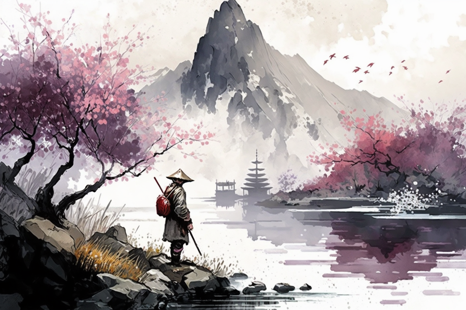 japanese man looking at a river with mountain and sakuras blooming on the background