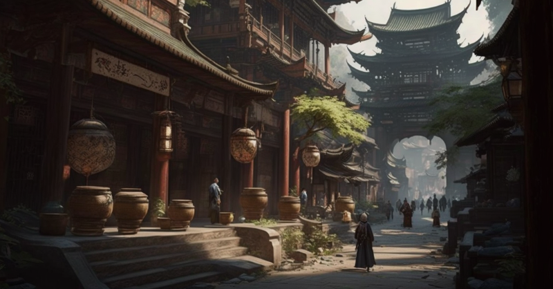 medieval chinese town bustling street